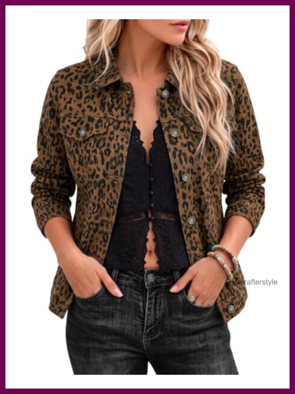 Women's Leopard Cheetah Print Stretch Button Down Jean Jacket